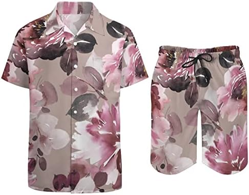 פרחי צבעי מים גברים בהוואי הגברים חולצות שרוול קצר ומכנסיים תלבושות חוף קיץ רופפות אימונית מתאימה