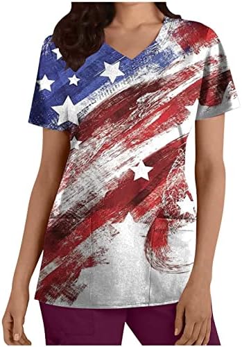 חולצות קרצוף הדפסת דגל אמריקאית לנשים 4 ביולי חולצות קרצוף עם כיסים חופשות לבוש לבוש לבוש מזדמן לבוש