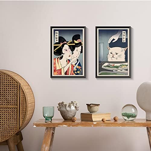 אשת IKNOSTINE צועקת בחתול הדפסים לאמנות קיר יפנית סט של 2 אוקיו-אי קנבס פוסטר וינטג 'פוסטר אסתטי גדול תפאורה אסייתית