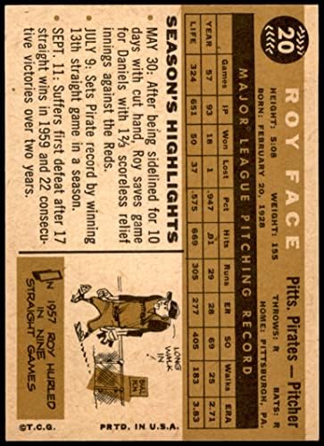 1960 Topps 20 Roy Face Pittsburgh Pirates Ex/MT Pirates