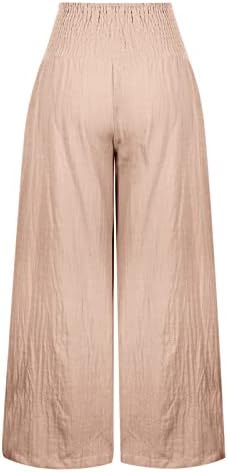 RBCULF נשים פלוס גודל סניף אופנה כותנה מוצקה מכנס פשתן מותניים אלסטיים רב -תכליתיים מזדמנים רגל רחבה ישר ישר
