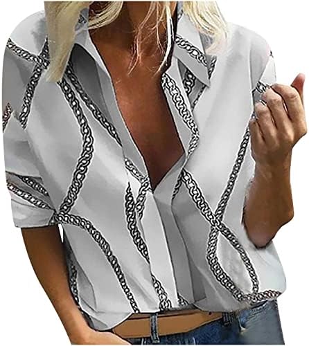 חולצת כפתור דש נשים נשים חולצת שרוול ארוך כפתור צווארון דש מטה חולצות רופפות חולצה עם כיס עם כיס