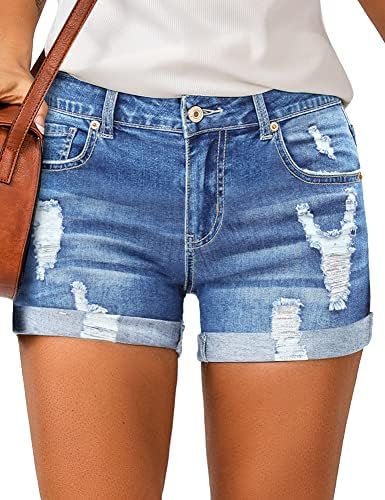 Lookbookstore המותניים הגבוהים של נשים מגולגלות מכנסי ג'ינס במצוקה קרועה מכנסיים קצרים