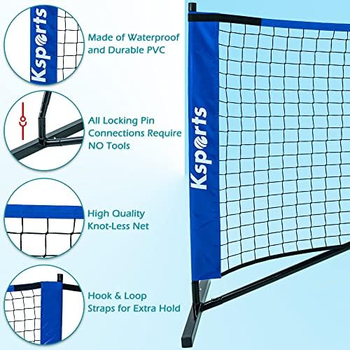 Ksports גודל גודל חמוצים נטו 22 רגל, יכול לשמש כטניס בילוי או רשת בדמינטון, מורכב מרשת ניידת חמוצים, 4 הסעות LED,