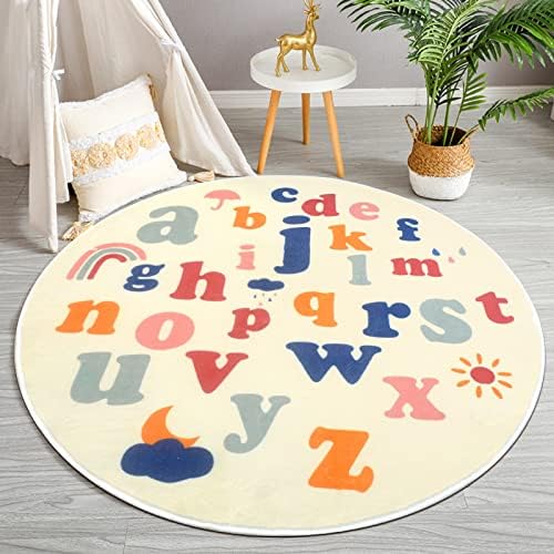 ABREEZE ABC עגול שטיח ילדים ילדים לימוד חינוכי שטיח 4ft, צמר פו פו אלפבית מחצלת זחילה לתינוקות, מחצלת משחק מרכזי