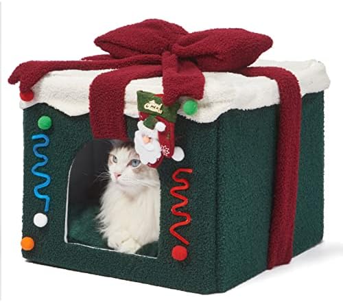 בית חתול חג המולד ג ' יופטי, מיטת חתול מקורה, קוביית גודל לחתול וכלב קטן, מערת חתול הניתנת להסרה עם תחתית מונעת החלקה,