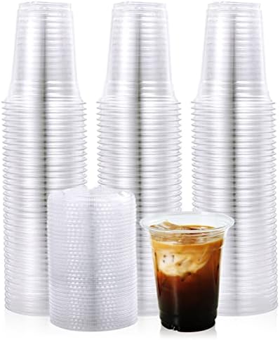 חבילת 200 כוסות פלסטיק שקופות 12 אונקיות עם מכסים שטוחים, כוסות שקופות לחיות מחמד, כוסות פלסטיק חד פעמיות לשתייה קרה
