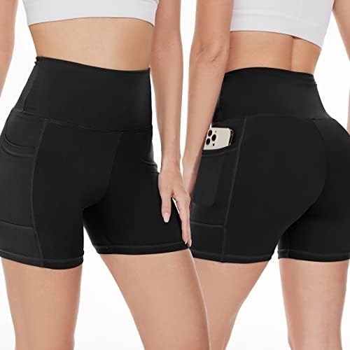 אימון מכנסיים קצרים לנשים 2 חבילה 5 / 8 בטן בקרת מכנסיים אופנוענים עם כיסים גבוהה מותן עבור יוגה כושר רכיבה