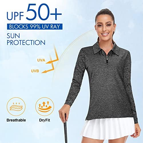 וירציה נשים חולצת גולף UPF50+ אימון הגנת שמש צמרות שרוול קצר ארוך 1/4 ZIP UP פולו מהיר יבש בכושר לחות לחות
