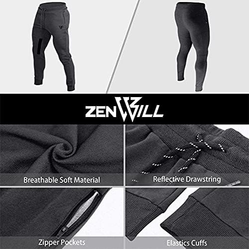 מכנסי ריצה מחודדים של Zenwill Mens, מכנסי טרנינג אימוני ג'וג'ר רזים עם כיסי רוכסן