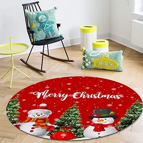 שטיח שטח עגול גדול לחדר שינה בסלון, שטיחים ללא החלקה בגודל 3.3ft לחדר ילדים, איש חג המולד עצי חג המולד שלג רקע אדום