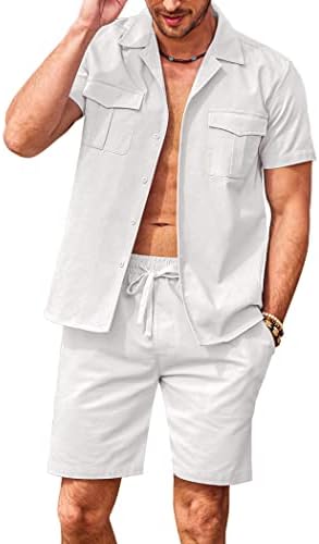 קואופנדי 2 חלקים פשתן פשתן קובע כפתור שרוול קצר חולצה ומכנסיים קצרים תלבושות חוף מזדמן קיץ