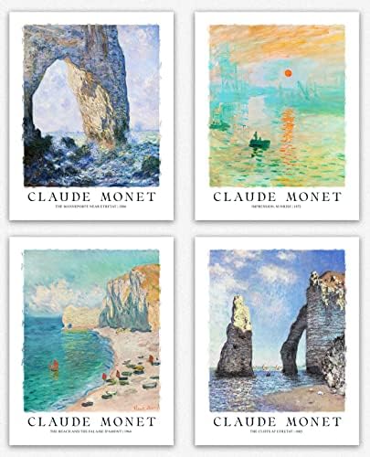 Claude Monet Wall Art - ציורי מונה של Seaside סט של 4 ציורי חוף ים חוף ים צבעוני תוסס עיצוב תוסס/מונה הדפס