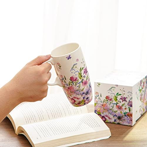 ספל קרמיקה של וולטוגר מתנה כוס קפה נסיעות עם מכסה לבית ומשרד, כוס תה גבוהה של חרסינה עם ידית, ספל פרחים
