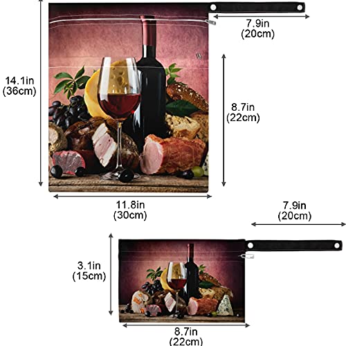 מזון יין אדום ויססוני על שולחן עץ 2 יחידים שקית רטובה עם כיסים עם רוכסן מרווחים לשימוש חוזר לטיולים, חוף,