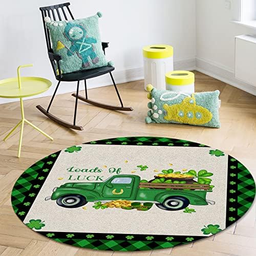 שטיח שטח עגול גדול לחדר שינה בסלון, שטיחים 6ft ללא החלקה לחדר ילדים, יום סנט פטריק משאית משאית ירוקה באפלו משובצת שטיחים שטיחים