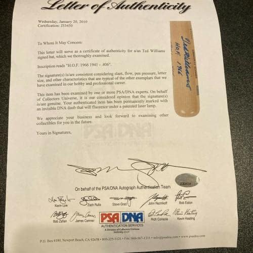 טד וויליאמס חתם על קריירה כבדה בכתובת סטט בייסבול עטלף JSA מדורג מנטה 9 - עטלפי MLB עם חתימה