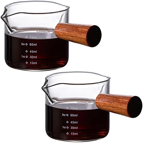 Dadamong 2 חבילות אספרסו יריות זכוכית 2.5 גרם, זרבים כפולים מודדים כוס כוס משולש כוס חלב מיני עם קרם זכוכית של ידית עץ לחלב