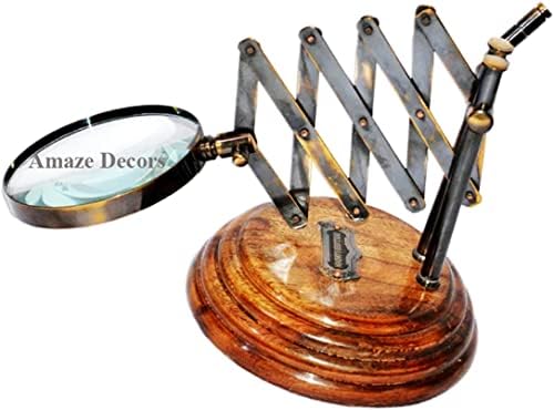 אמה דקורס שולחן כתיבה בסגנון וינטג ' זכוכית מגדלת פליז ימי זכוכית מגדלת על מעמד עץ