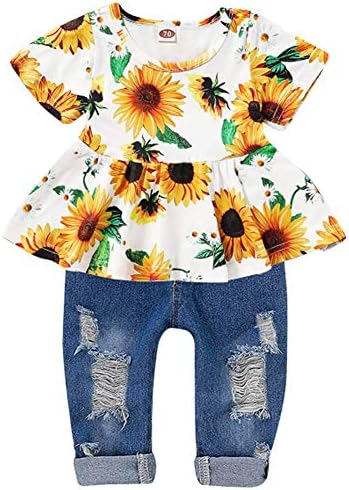 תלבושות בגדי בנות קארטו, תינוקת חמודה פרחונית שרוול ארוך מכנסיים סט פרח לפרוע למעלה