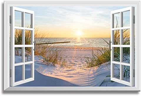 חלון חוף תמונה בד קיר אמנות אוקיינוס שקיעה דקור צהוב טבעי נוף עם ממוסגר 36 * 24