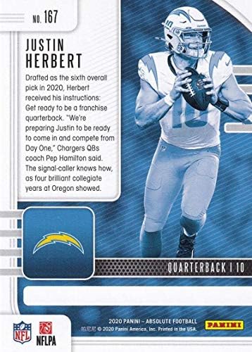 2020 Panini Absolute 167 Justin Herbert RC - Los Angeles Chargers NFL כרטיס כדורגל NM -MT