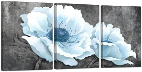אמנות קיר בד לסלון חדר שינה פרחים לבנים כחולים לבנים אפור רקע הדפס הדפס