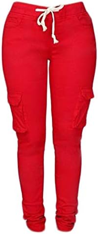 Andongnywell נשים צבע אחיד שרוך מכנסיים רזים נמתחים ריצות מטען כיסים מזדמנים מכנסיים עניבה קשירה מכנסיים