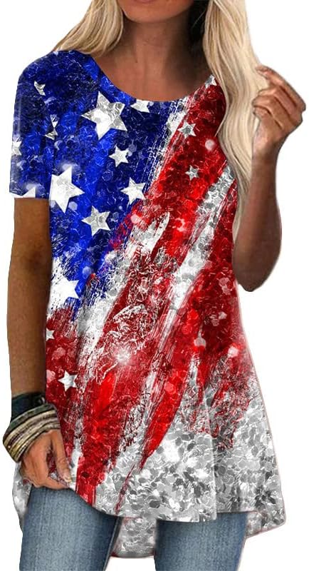 נערות נוער שרוול קצר 2023 כותנה צוות צוואר חולצת טשס סתיו סתיו חולצה גרפית דגל אמריקאי לנשים B8 B8