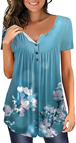 בציר הדפסת טוניקה למעלה לנשים להסתיר בטן חולצת טי חולצות בתוספת גודל קיץ מזדמן קצר שרוול כפתור עד צוואר חולצות