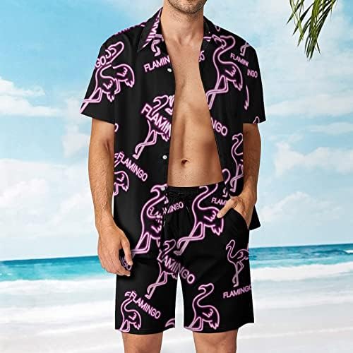 פלמינגו ניאון קליל לגברים 2 חלקים תלבושות חוף כפתור הוואי למטה חולצה עם שרוול קצר וחליפות מכנסיים קצרים