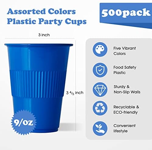 לילימיקי 500 מארז כוסות פלסטיק 9 אונקיות, כוסות שתייה חד פעמיות בצבעים שונים, כוסות מסיבות פלסטיק 9 אונקיות עם