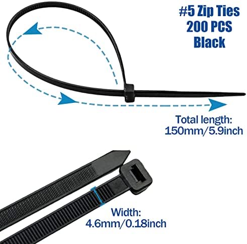 קשרי רוכסן עניבת חוט כבלים - פלסטיק שחור 200 יח 'רצועות כבל חוט 6 אינץ' לניהול עטיפת טוויסט חיצוני כבד - פופוטו