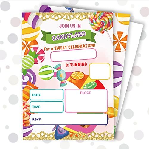 Huyaw Candyland Card Amperiment Card הזמנה 25 חבילה 4 כרטיסים x 6, נושא ממתקים חגיגה מתוקה הזמנות למסיבת יום