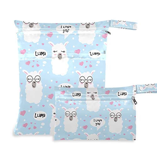 Llama Face Hearts חמוד שקית יבש רטוב חיתול לשימוש חוזר תיק רטוב לבגדי ים מארגן יבש רטוב אטום למים עם שני