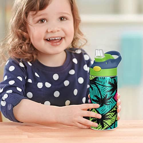 עצי דקל בקבוק מים לילדים, בקבוק מים מבודד נירוסטה ללא BPA, בקבוק מים עם מכסה קש כפול בקף דליפה בקו דליפות לבנות