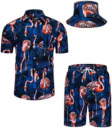 חולצות הוואי של Tunevuse Mens Shirts ומכנסיים קצרים קבעו 2 חתיכות תלבושת טרופית כפתור הדפסת פרחים למטה חליפת