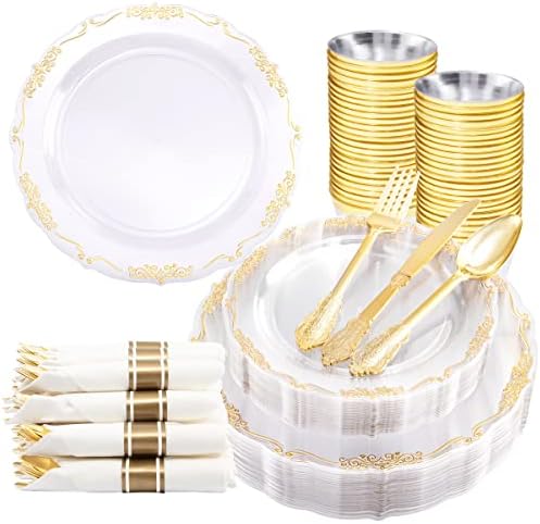 175 יחידות צלחות פלסטיק שקופות ומפיות מגולגלות מראש עם כלי אוכל מפלסטיק מזהב, צלחות זהב ל-25 צלחות ארוחת ערב, 25 צלחות קינוח,