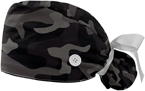 כובעים רפואיים של Ratgdn לנשים עם כפתורים שיער ארוך, כובע עבודה מתכוונן 2 חלקים, אפור הסוואה