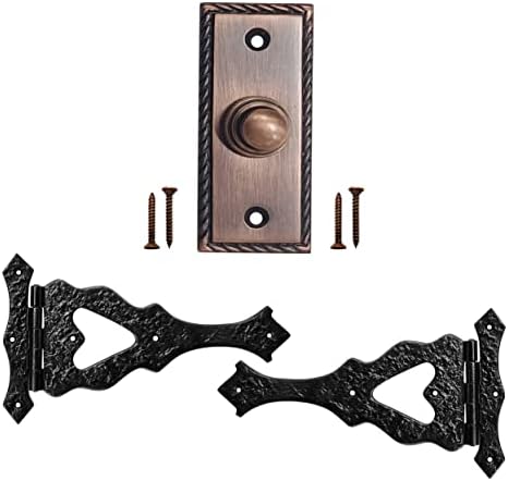 כפתור פעמון דלת Akatva עם סט ציר - 2 חתיכות צירי שער לגדרות עץ כבד - כפתור לחצן פעמון - כפתור פעמון קווי - צירי