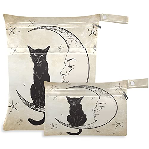 Visesunny חתול שחור יושב על הירח 2 יחידים שקית רטובה עם כיסי רוכסן רוכסן לשימוש חוזר ונשנה לטיולים, חוף, בריכה,