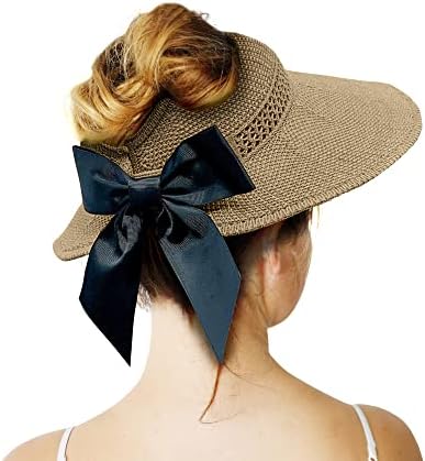מגן שמש קש לנשים, כובע חוף רחב 50+ הגנה על חוף הגנה, מתכוונן, כובע קוקו מתקפל עם רצועת סנטר