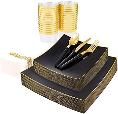 נרבורה 140 יחידות שחור כיכר פלסטיק צלחות-20 אורחים זהב פלסטיק צלחות כולל 20 צלחות ארוחת ערב, 20 צלחות קינוח, 60 זהב