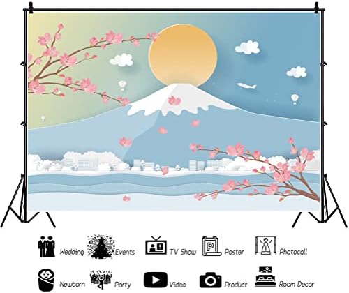 Dorcev 20x10ft Cartoon Cartoon יפני פוג'י הר תפאורה של פרי פרחי דובדבן ורודים
