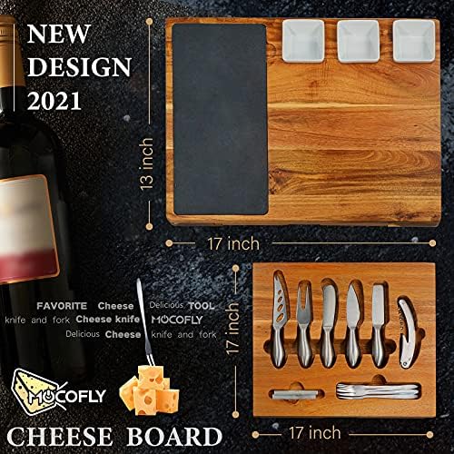 סט לוח גבינה, לוח Charcuterie עם מגירה נסתרת - לוח גבינה וסכין סכין - מגש הגשת גבינה עץ בגודל 17 אינץ