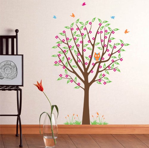 דקור פופ ויניל נשלף מדבקות קיר קיר קיר לחדר משתלה, עץ פרחים עם ינשוף חמוד