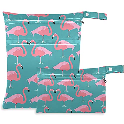 Visesunny Flamingo Animal 2 pcs תיק רטוב עם כיסים עם רוכסן תיק חיתולים מרווח לשימוש חוזר ונשנה לטיולים,