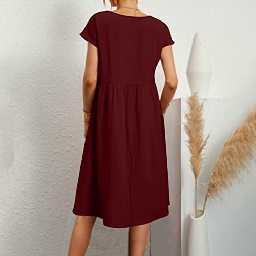מקרית חולצה שמלות לנשים קצר שרוול מוצק כותנה פשתן מיני שמלת קיץ כיס רופף בכושר חולצה שמלה