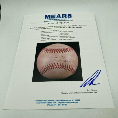 מריאנו ריברה ההיסטורי 500 שמור 6-28-09 משחק חתום משומש בייסבול Mears & JSA-משחק חתימות MLB משומש בייסבול