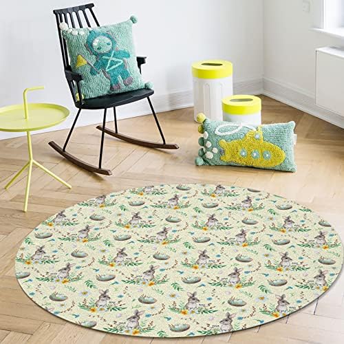 שטיח שטח עגול גדול לחדר שינה בסלון, שטיחים 5ft ללא החלקה לחדר ילדים, ביצי ארנב חווה של פסחא ארנב פרחוני דפוס פרחים